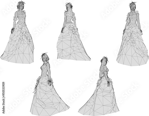 Vector silhouette illustration sketch design drawing of woman wearing elegant modern wedding dress 