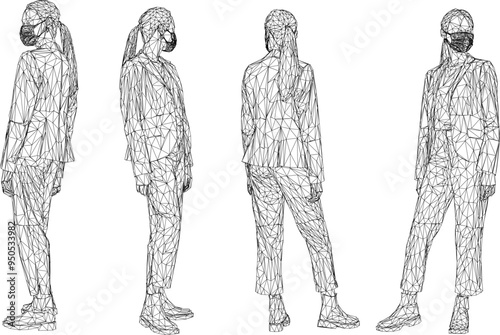 Vector silhouette illustration sketch design drawing of young executive office worker female employee wearing mask to avoid virus