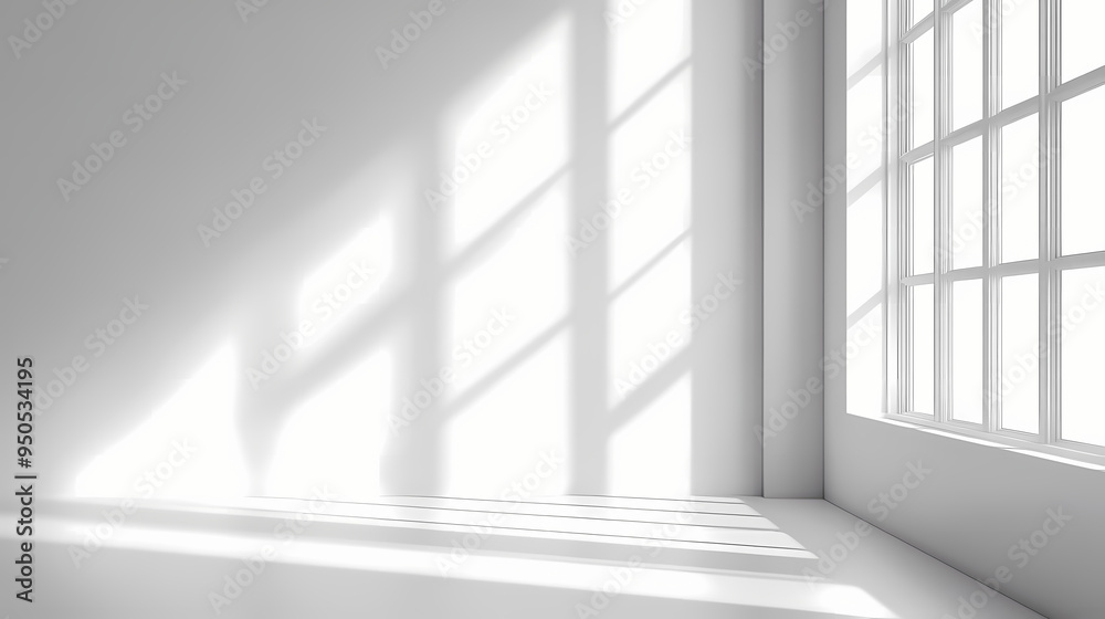 Obraz premium Minimalist white room interior with window shadow, empty studio space with soft sunlight, clean architectural background for product mockup