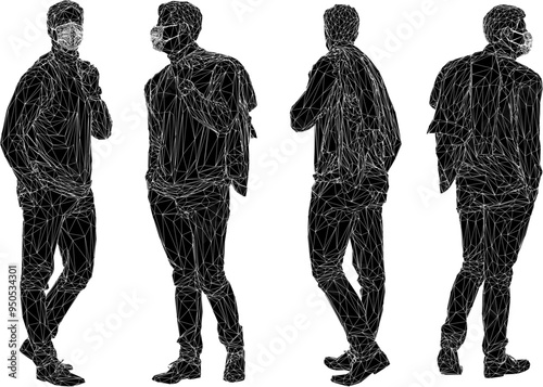 Vector silhouette illustration sketch design drawing of young teenager in fashion stylist wearing a mask to avoid the virus while walking down the street