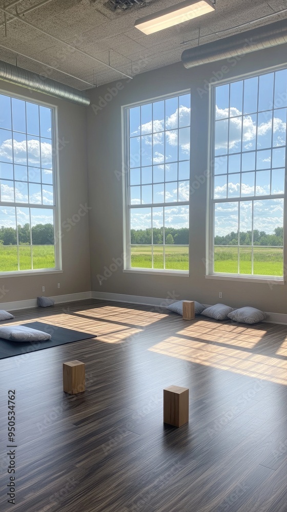 Fototapeta premium Bright and serene yoga studio with wooden floors and meditation pillows arranged in rows