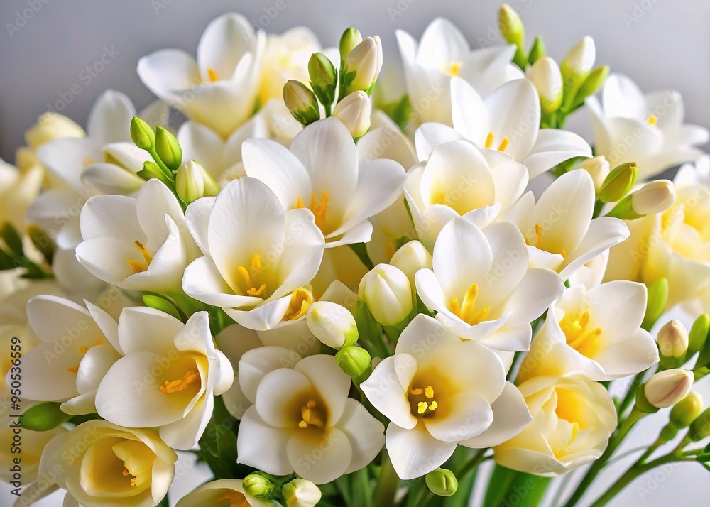 Fototapeta premium Vibrant white fresia flowers with delicate petals and yellow centers bloom in a lush arrangement, exuding a bright, airy, and refreshing sense of springtime elegance.