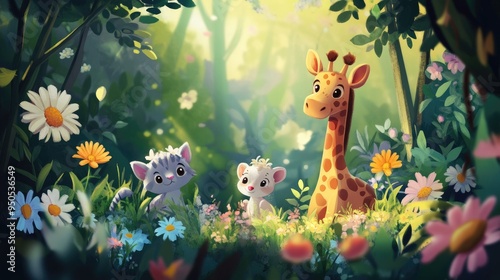 Wallpaper Mural Adorable cartoon wild animals enjoying a spring day in a meadow, with a realistic background of vibrant flowers and clear skies Torontodigital.ca