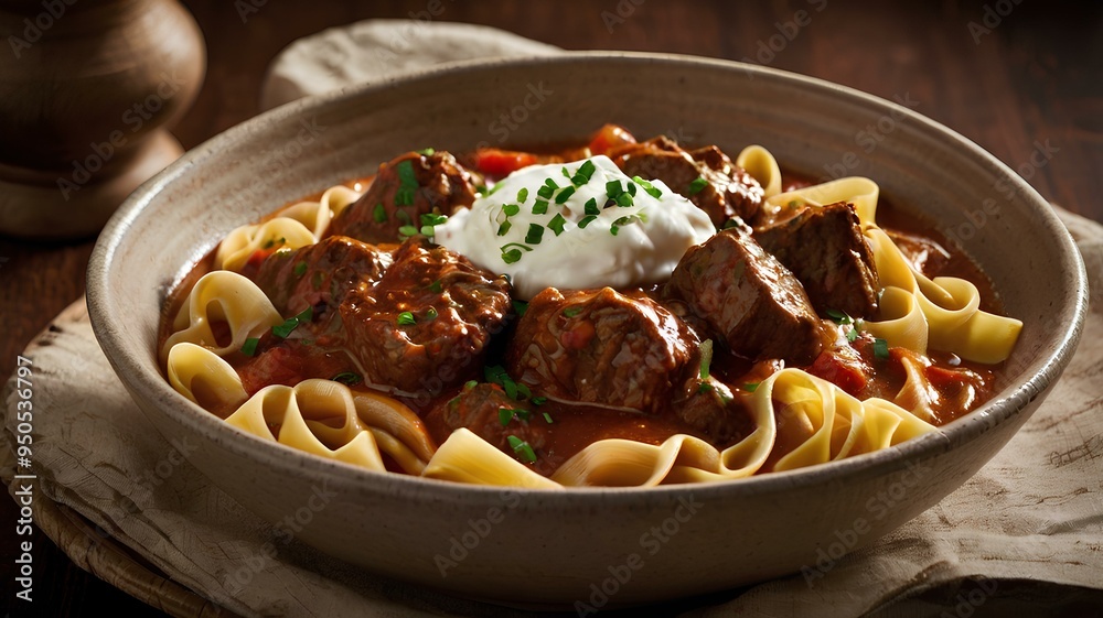 A hearty Hungarian stew with tender chunks of beef, simmered in a rich paprika-infused sauce, served over buttered egg noodles with a dollop of sour cream. A hearty Hungarian stew with tender chunks of beef, simmered in a rich paprika-infused sauce, served over buttered egg noodles with a dollop of sour cream.