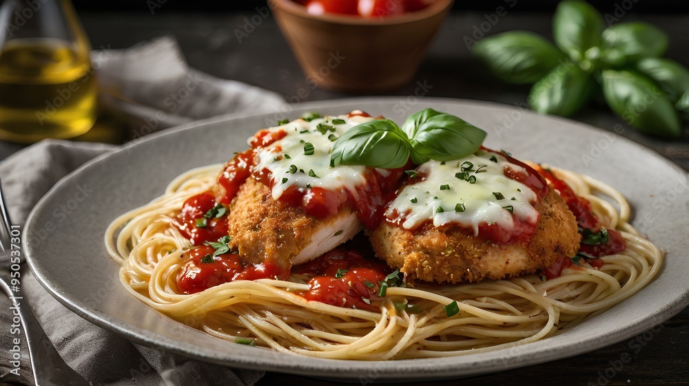 Breaded chicken breasts topped with marinara sauce and melted mozzarella, served over a bed of spaghetti with a sprinkle of fresh basil.
