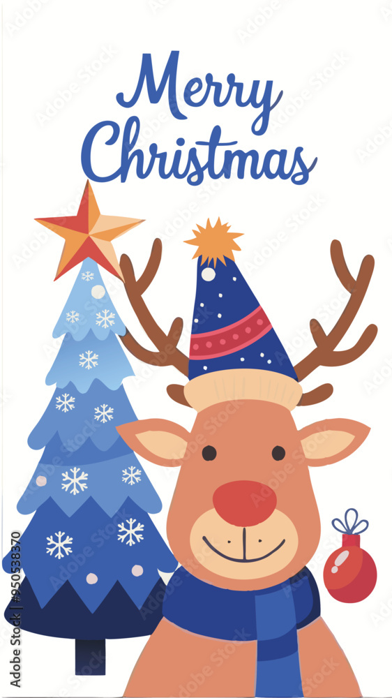 Merry Christmas card of reindeer and christmas tree vector and New Year winter holiday greeting cards with Xmas decoration