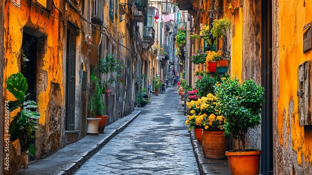 Fototapeta premium Narrow Italian street Quartieri Spagnoli (Spanish ward) in Naples, Italy