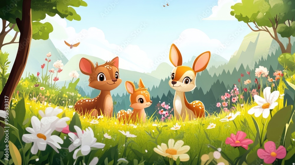 Naklejka premium Cute cartoon animals in a spring forest, with a realistic backdrop of blooming flowers and bright green leaves