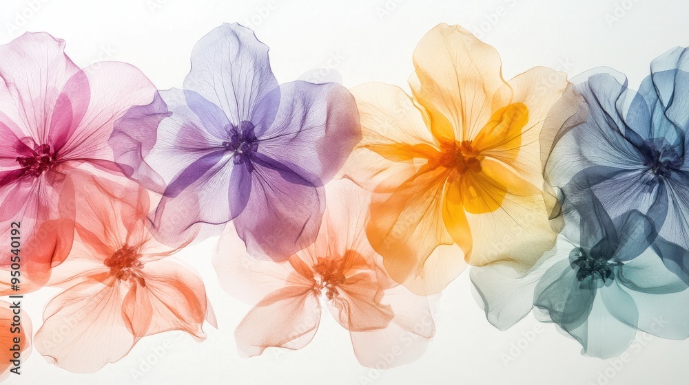 Dynamic composition of vibrant overlapping transparent flowers, set against a white-light grey background, creating a colorful scene Dynamic composition of vibrant overlapping transparent flowers, set against a white-light grey background, creating a colorful scene