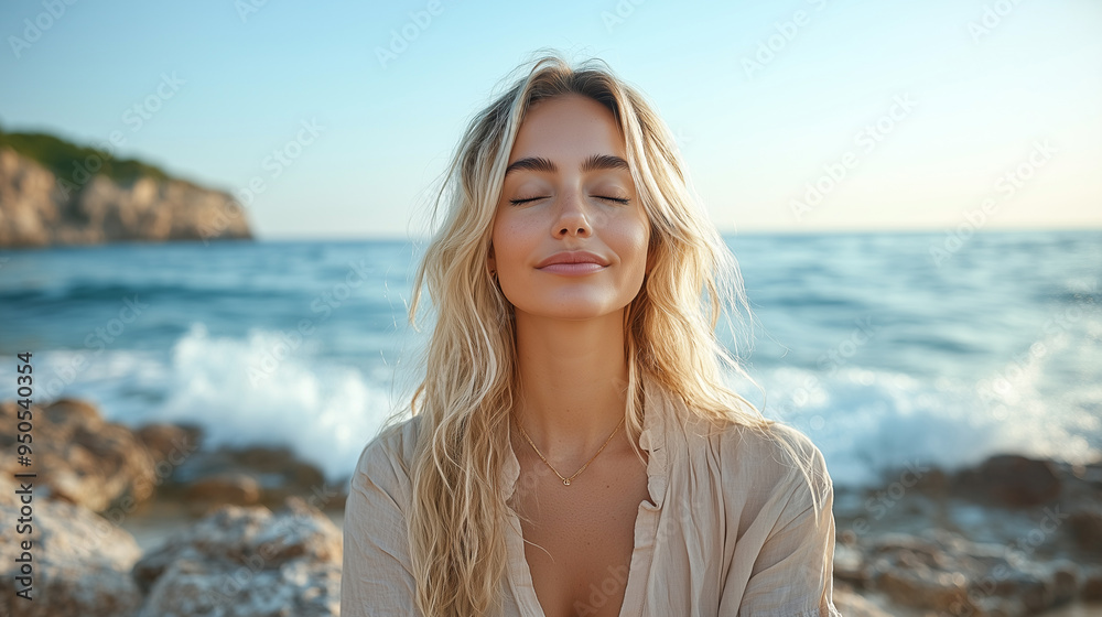 Serene woman meditating on a rocky shore, the waves gently breaking in the background, embodying peace and tranquility. Serene woman meditating on a rocky shore, the waves gently breaking in the background, embodying peace and tranquility.