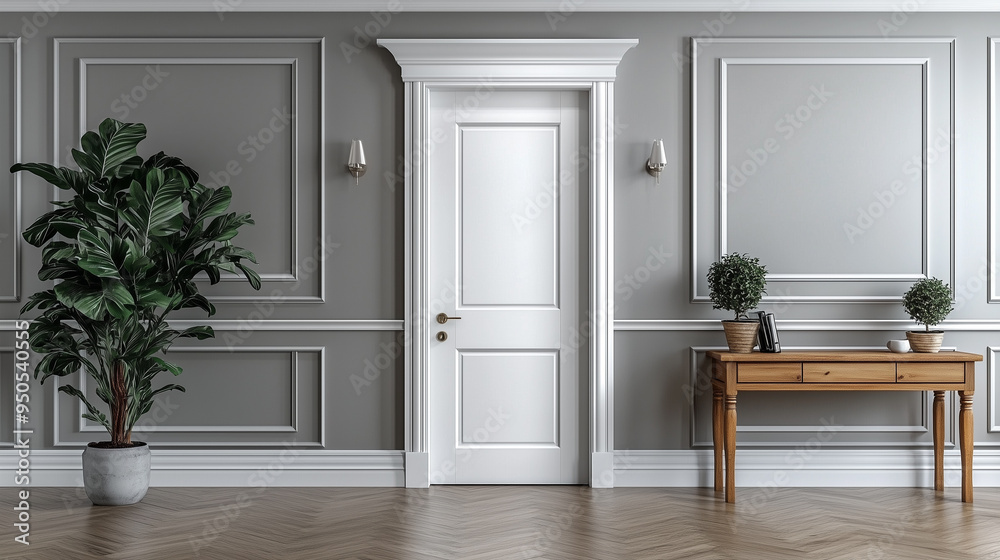 Bright interior design of modern entrance hall with door and wooden console table.bright white tone.day light. Bright interior design of modern entrance hall with door and wooden console table.bright white tone.day light.