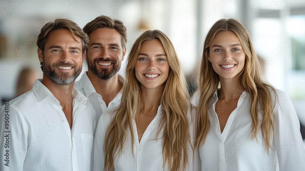Dynamic business team portrait, confident smiles, in a bright, white-toned studio office environment. Dynamic business team portrait, confident smiles, in a bright, white-toned studio office environment.