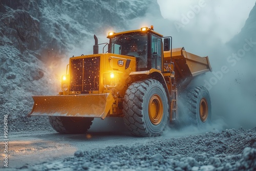 industrial scene with yellow front loader scooping gravel dust clouds billowing construction site bustling with activity warm sunlight on metal photo