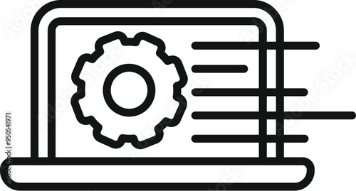 Line art style vector of a laptop showing working processing system with rotating gear, symbolizing efficient workflow and automation