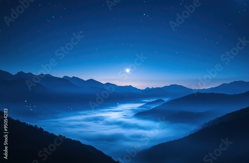 Starry sky, moonlight shining on the distant mountain peaks and clouds below