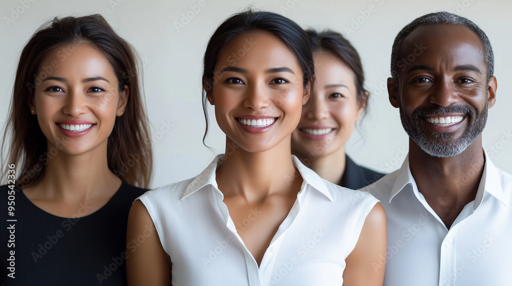 Dynamic business team portrait, confident smiles, in a bright, white-toned studio office environment. Dynamic business team portrait, confident smiles, in a bright, white-toned studio office environment.
