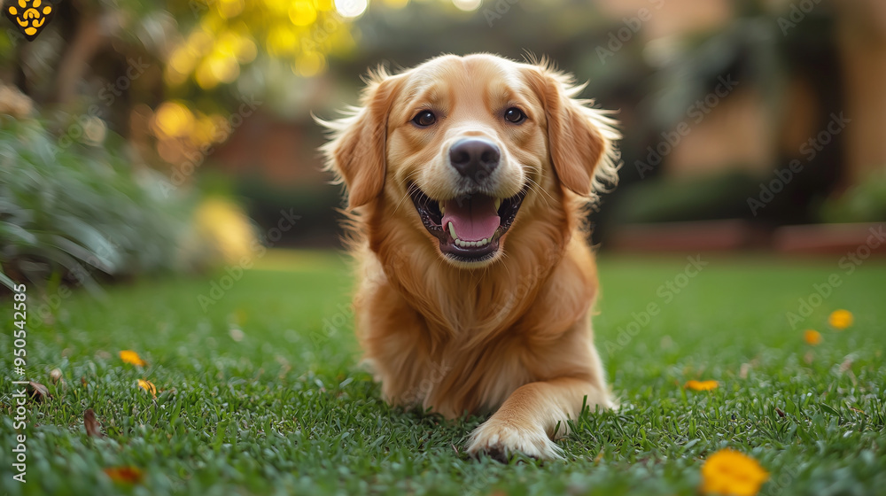Happy family playing with happy golden retriever dog on the backyard lawn. Happy family playing with happy golden retriever dog on the backyard lawn.