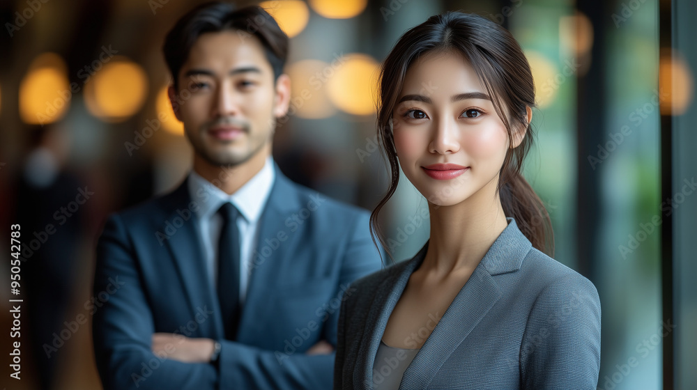 a young elegant asian businesswoman and a young handsome asian businessman looking thought big glass windows at internation air port. a young elegant asian businesswoman and a young handsome asian businessman looking thought big glass windows at internation air port.
