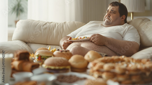 Overweight Man Sitting on Sofa Eating Junk Food, Unhealthy Lifestyle and Comfort Eating Concept photo