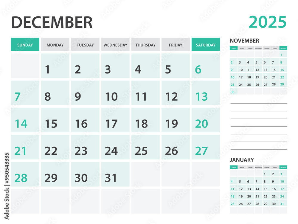 Calendar 2025 template- December 2025 year, monthly planner, Desk Calendar 2025 template, Wall calendar design, Week Start On Sunday, Stationery, printing, office organizer vector Calendar 2025 template- December 2025 year, monthly planner, Desk Calendar 2025 template, Wall calendar design, Week Start On Sunday, Stationery, printing, office organizer vector