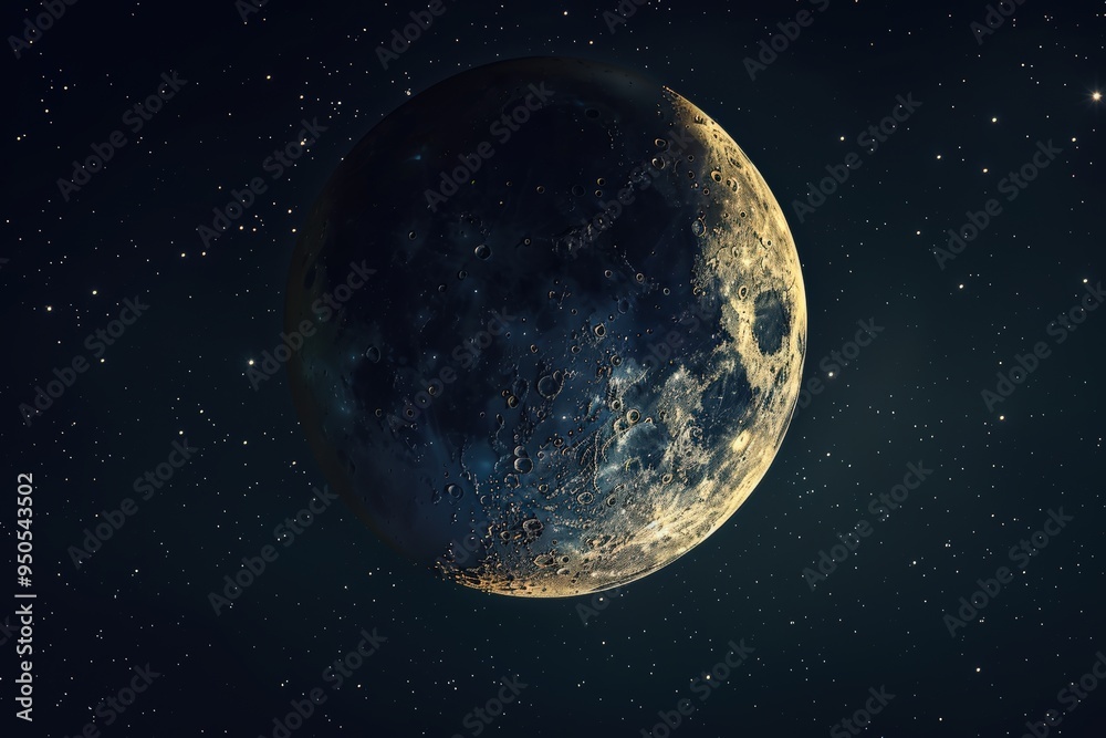 Obraz premium A large blue moon is in the sky with many stars surrounding it, generative ai image