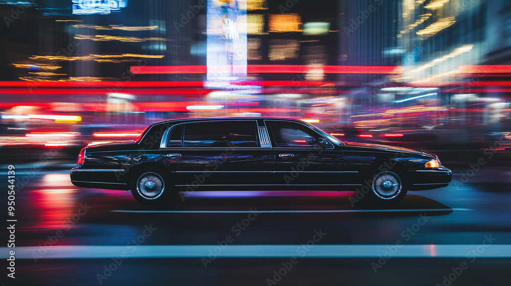 A black limousine speeds through a vibrant city street at night amidst colorful lights and bustling nightlife A black limousine speeds through a vibrant city street at night amidst colorful lights and bustling nightlife