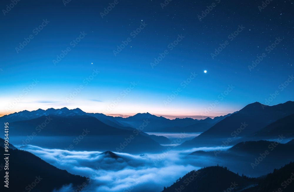Starry sky, moonlight shining on the distant mountain peaks and clouds below Starry sky, moonlight shining on the distant mountain peaks and clouds below