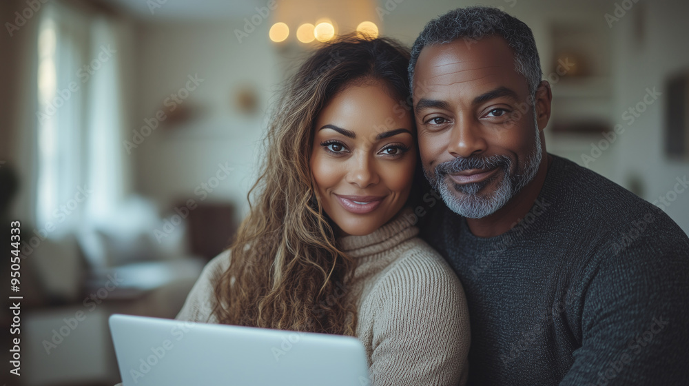 Elegant, attractive couple exchanging glances over a laptop in a cozy bright. Elegant, attractive couple exchanging glances over a laptop in a cozy bright.