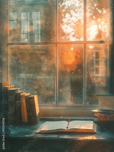 Academic Desk with Books and Notebook in a Quaint English Major Setting. AI generated illustration. photo