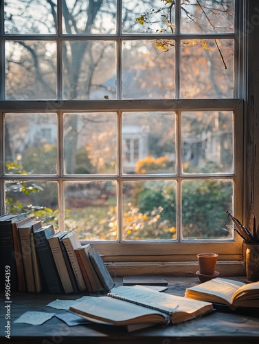 Academic Desk with Books and Notebook in a Quaint English Major Setting. AI generated illustration. photo