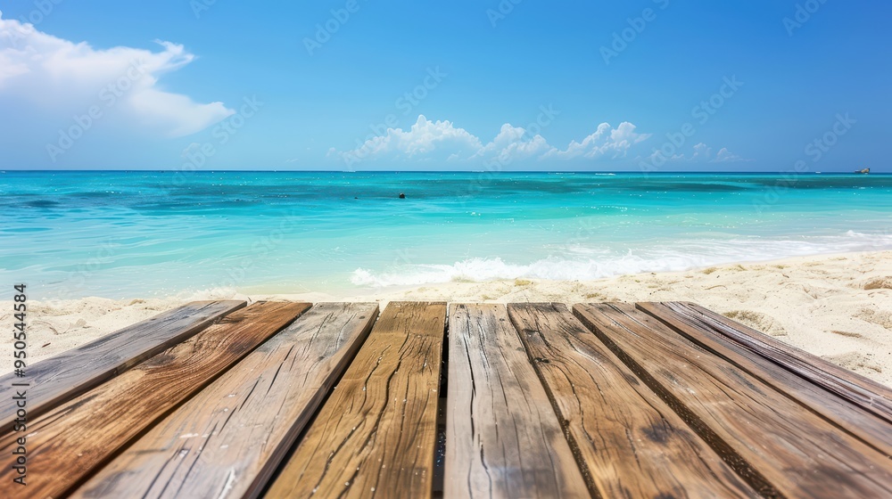 Fototapeta premium A serene beach view from a wooden dock with turquoise waters and a clear blue sky, perfect for relaxation and vacation imagery.