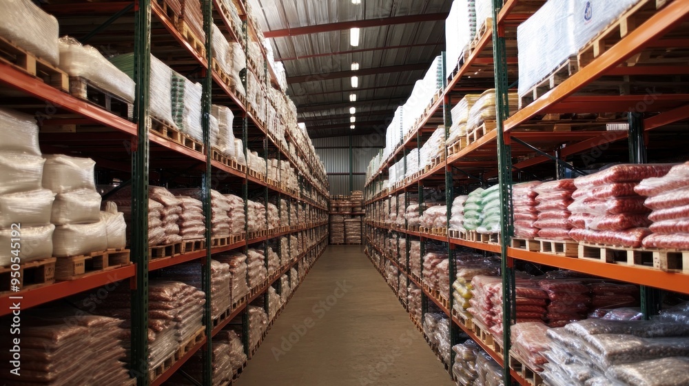 Warehouse Storage Aisle with Rows of Packed Goods Warehouse Storage Aisle with Rows of Packed Goods