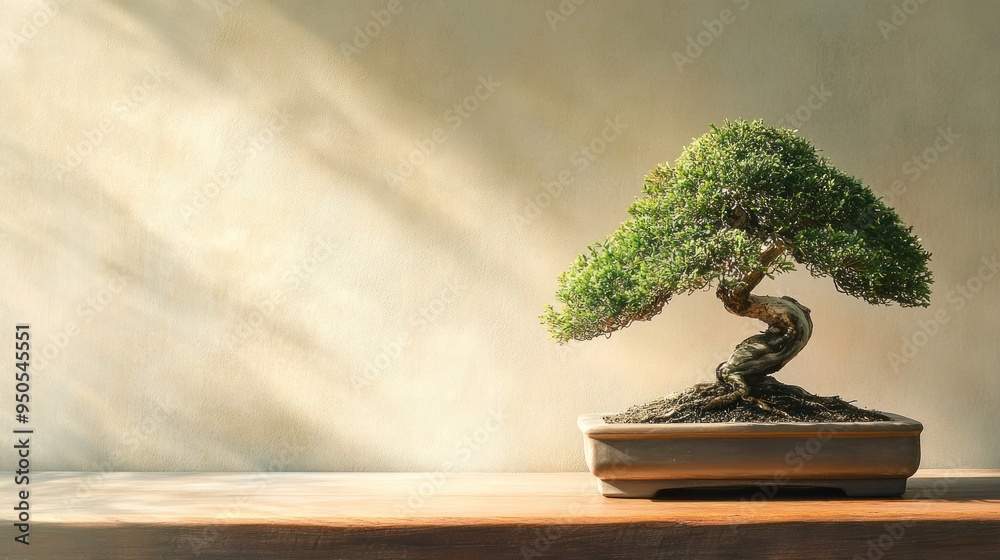 Bonsai Tree on a Wooden Table Against a Wall Bonsai Tree on a Wooden Table Against a Wall