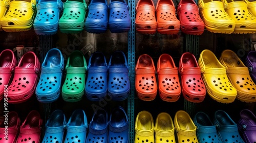 wide photography of shoe racks filled with Crocs clogs in different colours photo