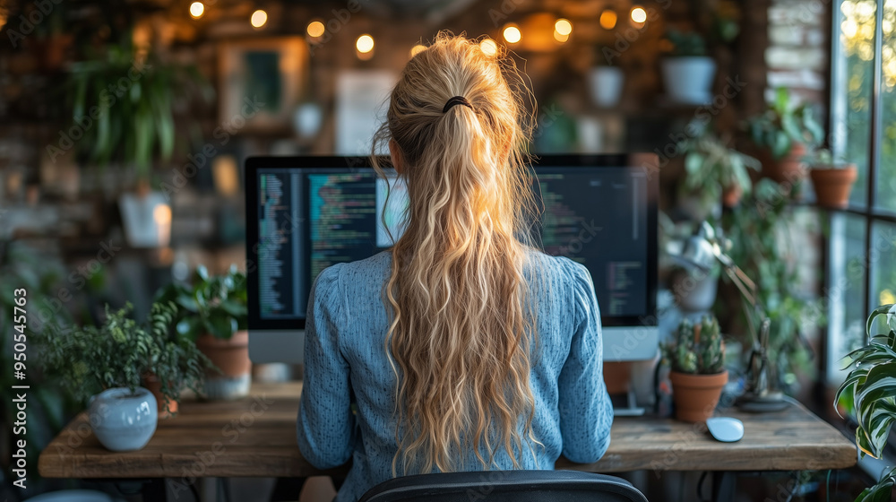 Rear view of female programmer sitting at desk while working with computer in start up office. Rear view of female programmer sitting at desk while working with computer in start up office.