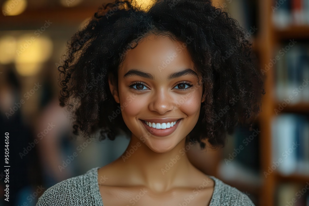 joyful african american female student in university library surrounded by bookshelves casual attire genuine smile warm lighting academic setting joyful african american female student in university library surrounded by bookshelves casual attire genuine smile warm lighting academic setting