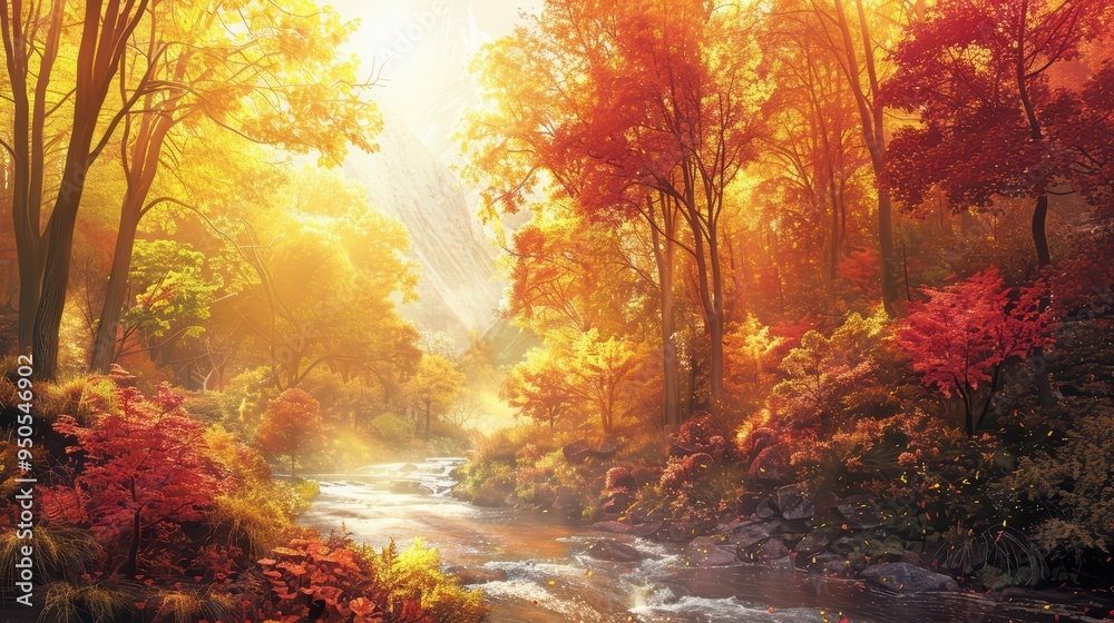 A stunning autumn landscape featuring vibrant foliage, a serene river, and warm sunlight filtering through golden leaves. A stunning autumn landscape featuring vibrant foliage, a serene river, and warm sunlight filtering through golden leaves.
