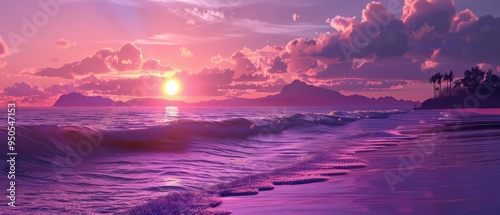 A stunning sunset over a tranquil beach, featuring vibrant colors reflecting on gentle waves and a distant silhouette of mountains.