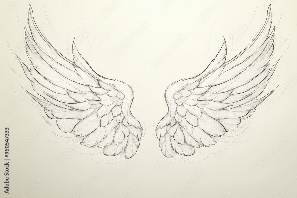 Obraz premium tattoo sketch of angel's wings, focusing on a delicate, flowing design. Use clean lines to depict the soft, feathered texture of the wings, with a gentle curve to convey a sense of serenity and grace.