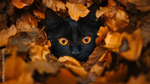 Black Cat Camouflaged in Autumn Foliage. AI generated illustration