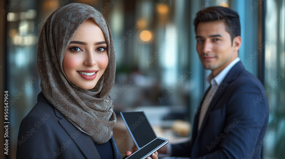 Smiling portrait of a businesswoman of arab descent wearing a hijab holding tablet and handsome asian businessman, working on desk with laptop computer in a modern business office tower. Smiling portrait of a businesswoman of arab descent wearing a hijab holding tablet and handsome asian businessman, working on desk with laptop computer in a modern business office tower.