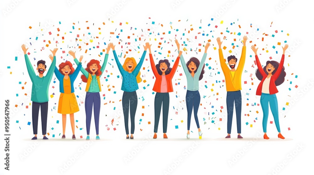 Confetti Rain of Joy: Celebrating Success Together: A vibrant group of people rejoice under a shower of colorful confetti, hands raised high in a symphony of happiness and shared triumph. Confetti Rain of Joy: Celebrating Success Together: A vibrant group of people rejoice under a shower of colorful confetti, hands raised high in a symphony of happiness and shared triumph.