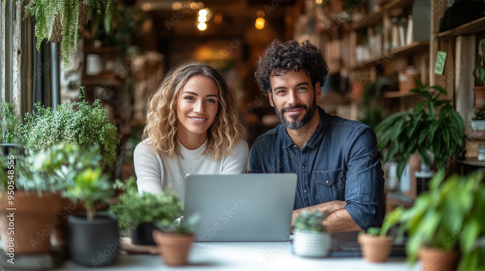 Elegant, attractive couple exchanging glances over a laptop in a cozy bright. Elegant, attractive couple exchanging glances over a laptop in a cozy bright.