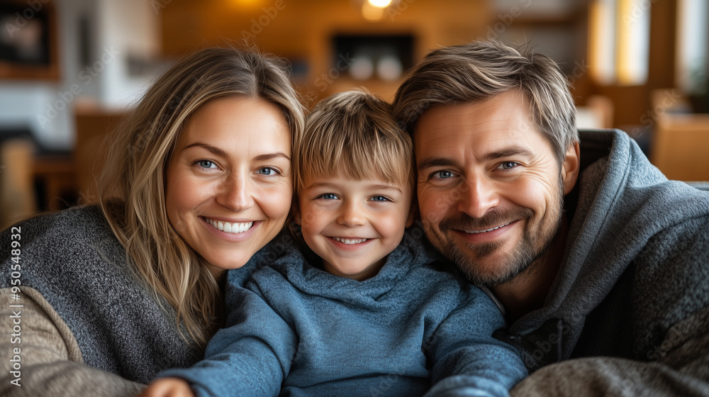 Obraz premium Family on a tech-friendly cozy couch, sharing stories, laughter, modern home.