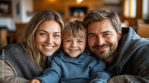 Family on a tech-friendly cozy couch, sharing stories, laughter, modern home.