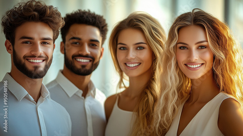 group of young confident and handsome businessmen with a friendly smile and young bueatiful businesswomen with a friendly smile, standing together.