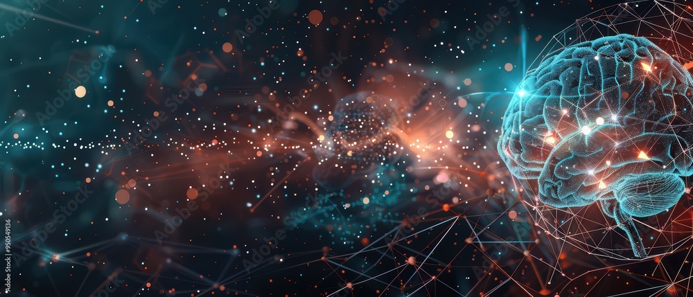 Obraz premium A vibrant digital representation of a brain, surrounded by cosmic elements and connections, symbolizing advanced technology and neuroscience.