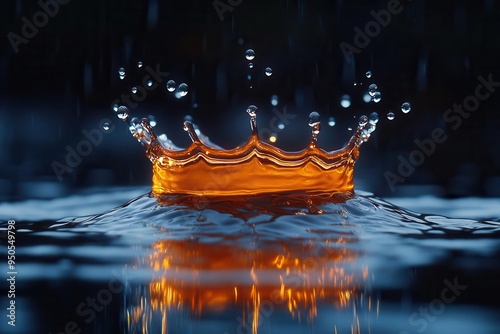 macro photograph of a water droplet impact creating a crownlike splash against a dark bronze background with soft focus and shallow depth of field photo