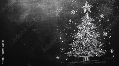 Chalk drawing of a Christmas tree on a blackboard with snowflakes and a star, showcasing holiday spirit in an educational setting