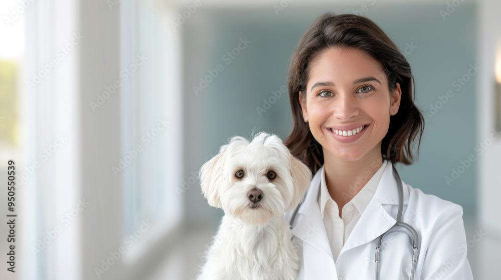A smiling doctor veterinarian holds a beautiful white lapdog in his hands, space for a concept of a veterinary clinic and helping and caring for animals A smiling doctor veterinarian holds a beautiful white lapdog in his hands, space for a concept of a veterinary clinic and helping and caring for animals